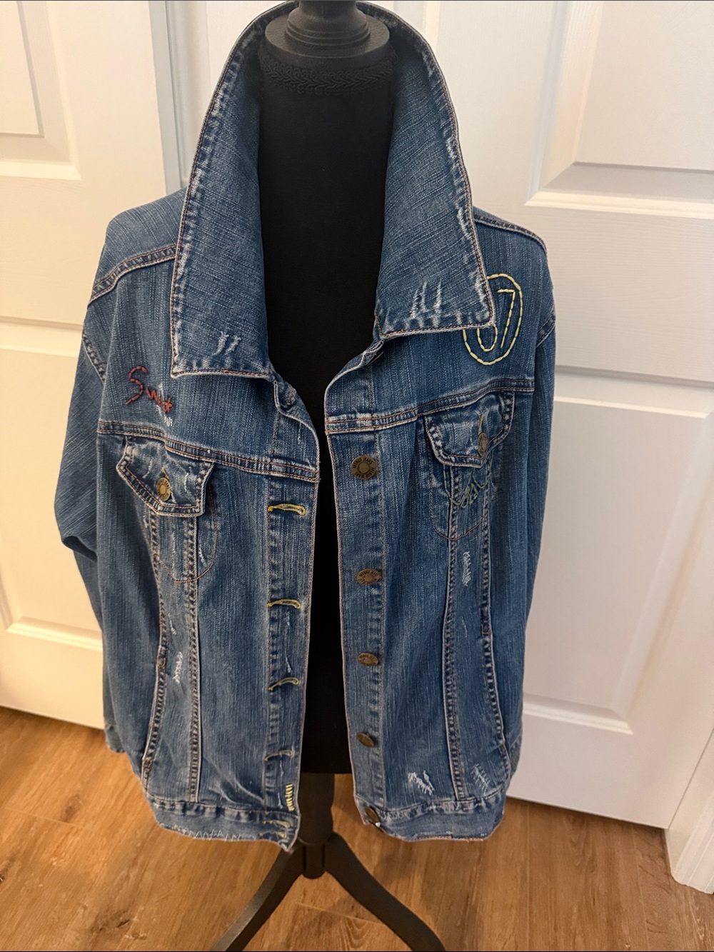 Avenue Art From the Heart Embroidered Light Wash Denim Distressed Jean Jacket